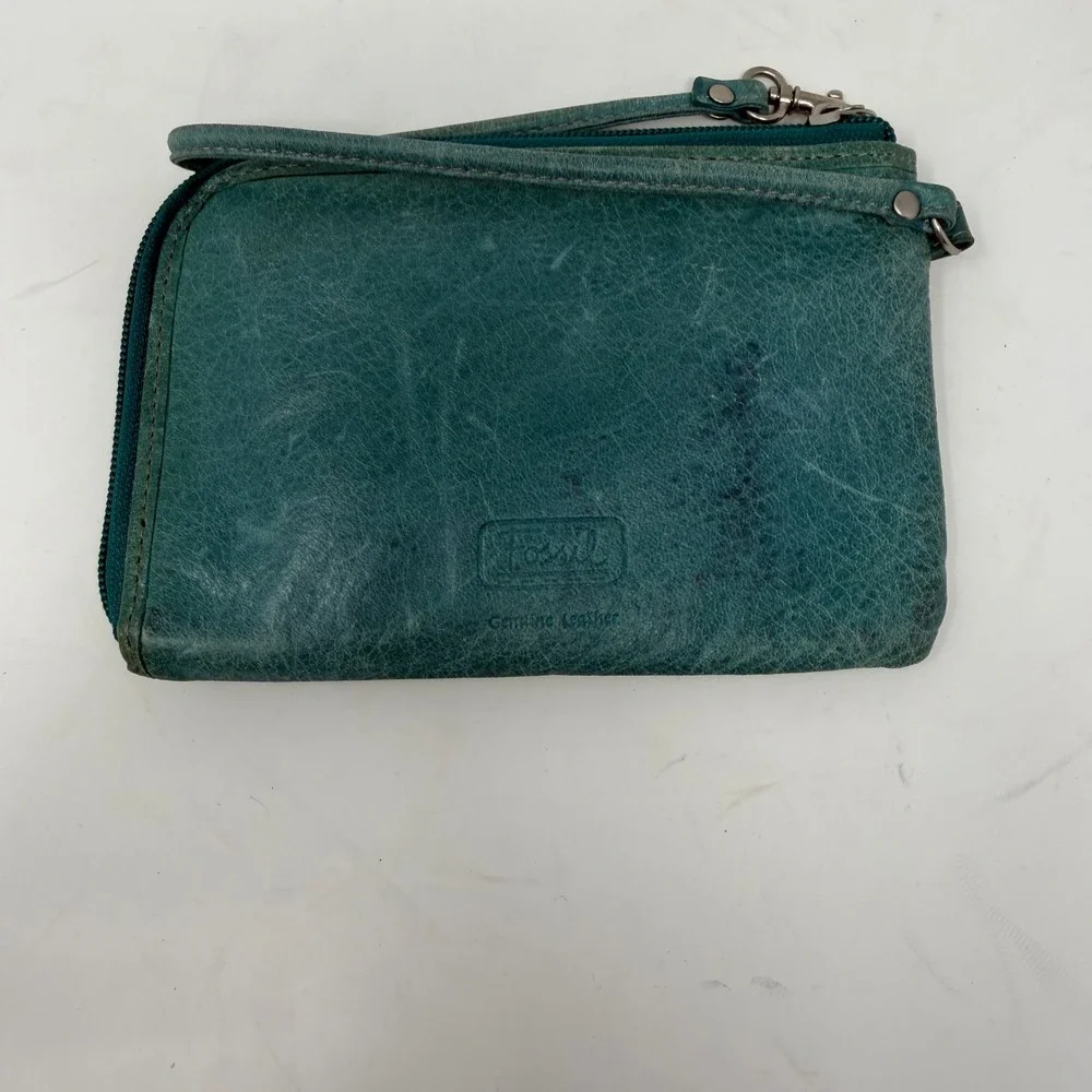 Fossil Owl Applique Leather Wristlet Wallet Teal Blue Women Small